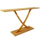 Solid wood console table with a sleek teak frame and geometric design, showcasing a stylish X-base for stability and.
