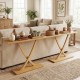 Solid wood console table with a teak frame, featuring a geometric design, ideal for living room or hallway use.