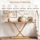 57-inch solid wood console table with teak frame, featuring a spacious tabletop for magazines and decor in a rustic.