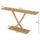 Solid wood console table with teak frame, geometric design, 57" long, ideal for living room or hallway use.