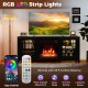 58" black fireplace TV stand with RGB LED strip lights, remote control, and realistic flame for cozy ambiance.