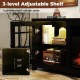 Adjustable shelf detail of the 58" black fireplace TV stand, featuring sturdy construction and customizable storage.