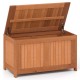 Wooden 52-gallon patio deck box with flip top, ideal for cushions and outdoor storage, suitable for various settings.