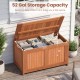 Wood deck box with 52-gallon storage capacity, ideal for cushions and outdoor supplies, shown with lid open.