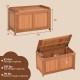 52-gallon patio wood deck box with flip top, ideal for cushions and outdoor storage, featuring a teak-oil coated.