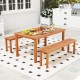 Backless wooden bench with teak oil finish, slatted design for ventilation, ideal for outdoor dining on patio or porch.
