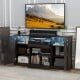 Rustic 58-inch TV stand in coffee finish with LED lights, featuring adjustable shelves and elegant wood grain design.