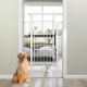 Extra tall 59" white metal pet gate with wide opening, ideal for doorways, featuring a small door for easy pet access.