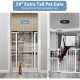 59” extra tall white metal pet gate with wide opening, ideal for doorways, preventing cats from jumping out.