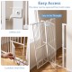 Extra tall 59” white metal pet gate with lockable small door, offering easy access and safety for cats in doorways.