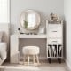 Home office desk with a white wood-textured top, side storage shelves, and drawer cabinets for organized workspace.