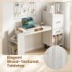 Home office desk with a 36" wood-textured tabletop, side storage shelves, and drawer cabinets in white for organized workspace.