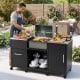 Outdoor grill table with stainless steel top, two removable shelves, and cabinets for versatile cooking and storage.