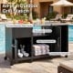 Outdoor grill station featuring a black finish, stainless steel top, two removable shelves, and three cabinets for storage.