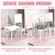 Kids 5 piece table and chair set in white, featuring space-saving design with chairs stacked on the table for easy.
