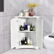 Corner storage cabinet with shutter doors, white MDF, adjustable shelves for toiletries and towels, ideal for bathroom.