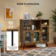 Buffet kitchen storage cupboard in rustic brown with glass doors, adjustable shelves, and black tapered legs for.