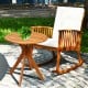 Round solid wood coffee side bistro table with X-shaped legs, varnished for water resistance, perfect for outdoor.