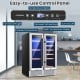 Dual-zone wine and beverage cooler with LCD control panel, holding 18 wine bottles and 57 cans, ideal for home use.