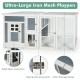 Large wooden chicken coop with run box, waterproof PC roof, and metal mesh walls for outdoor pet safety and ventilation.