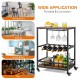 Rustic brown kitchen bar cart on wheels with wine rack, glass holder, and large countertop for convenient storage.