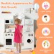 Wooden kids kitchen playset with washing machine, oven, and accessories for imaginative play and skill development.