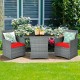 3-piece patio rattan furniture set with cushioned armrests and red cushions, perfect for outdoor relaxation in gardens.