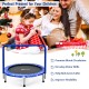 36-inch blue kids trampoline with padded handrail, designed for safety and promoting bone growth, ideal for indoor use.