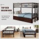 Twin pull-out bunk bed in dark brown with trundle, featuring full-length guardrails, ideal for space-saving solutions.