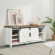 White TV stand media center cabinet with sliding barn door, ample storage, and adjustable shelf for living room use.