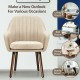 Beige fabric upholstered accent chair with wooden legs, ergonomic armrests, ideal for living room or dining room use.
