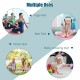 Navy workout yoga mat showcasing multiple uses as a yoga mat, picnic mat, rest pad, and baby crawling mat.