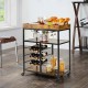 Rustic brown 3-tier rolling kitchen serving cart with wine rack, glass holders, and ample storage for versatile use.