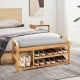 Bamboo shoe rack bench with cushion, featuring three tiers for storage, ergonomic height, and modern design for.