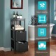 Black bathroom wooden floor cabinet with three shelves and two drawers for multifunctional storage and organization.