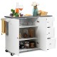 White kitchen island storage cabinet with stainless steel top, featuring 2 doors, 3 drawers, and adjustable shelves for.
