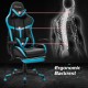 Reclining racing chair in blue with lumbar support, adjustable backrest, and retractable footrest for gaming comfort.