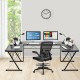 L-shaped corner desk in black with sturdy P2 MDF and iron frame, ideal for home office or study workstation.
