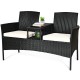 Wicker patio conversation set featuring removable cushions, tempered glass table, and ergonomic design for outdoor.