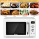 Compact 0.9 Cu.ft retro microwave oven in white with LED display, ideal for small spaces and versatile cooking needs.