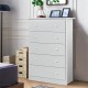 White 5-drawer dresser with round handles, top shelf for decor, and compact design for versatile room use.
