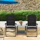 Two black outdoor folding patio chairs with adjustable backrests, perfect for bistro or backyard relaxation.