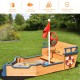 Wooden pirate boat sandbox for kids with backrests and armrests, designed for comfort during imaginative outdoor play.