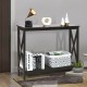 Dark brown console table with X-design, showcasing a smooth surface and open shelf for versatile storage in any room.