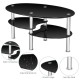 Tempered glass oval coffee table in black with two bottom shelves for storage, ideal for living room use.