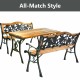 Outdoor cast iron patio bench with solid wood seat, rose-pattern backrest, and strong load-bearing capacity for three.