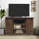 Sliding barn TV stand in brown with rustic doors, accommodating TVs up to 60", featuring cable management and ample.