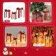 Three pieces of lighted Christmas gift box decorations with red bows, showcasing daytime and nighttime illumination.