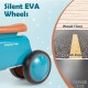 Close-up of the blue baby balance bike's silent EVA wheels, designed for safe indoor and outdoor riding.
