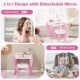 Toddler vanity set with detachable mirror, pink design, and practical drawer for cosmetics, perfect for children's use.